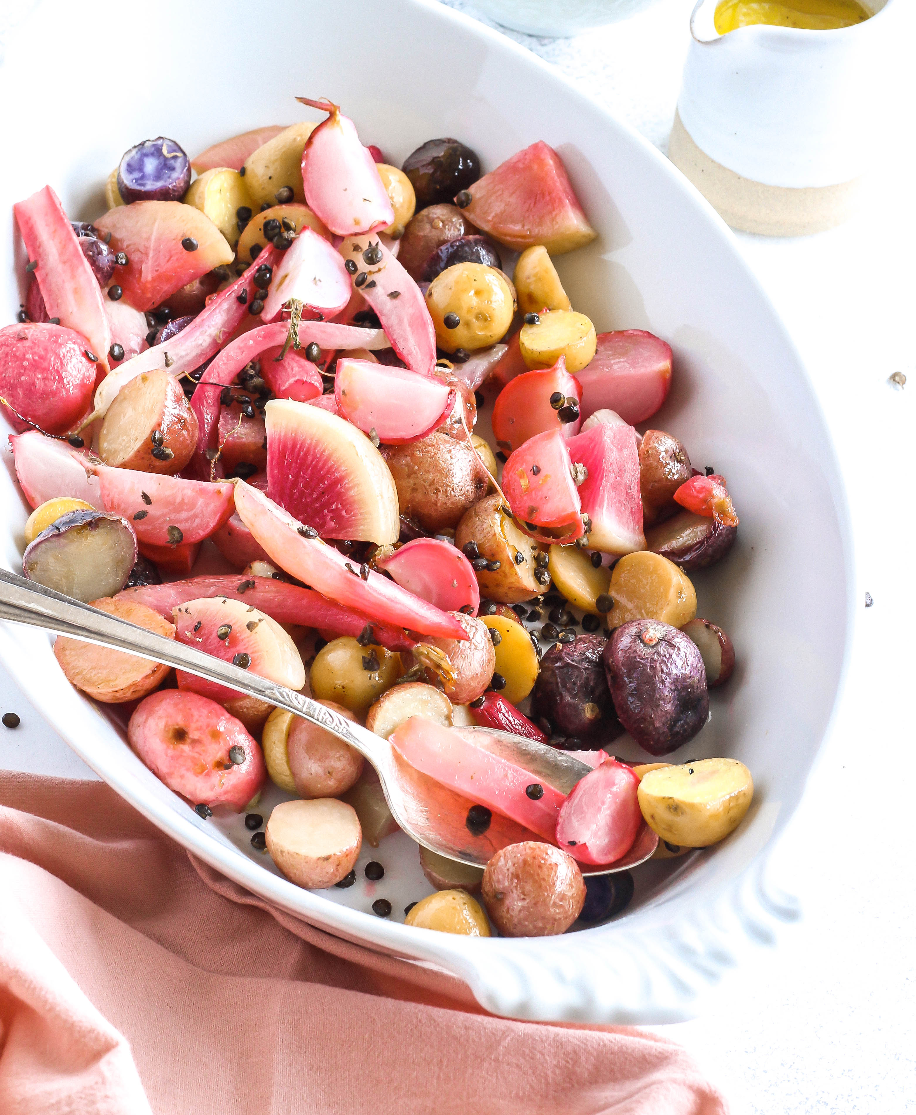 Roasted Radishes and Potatoes with Crispy Lentils