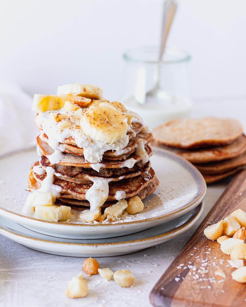 Healthier Banana Macadamia Nut Pancakes