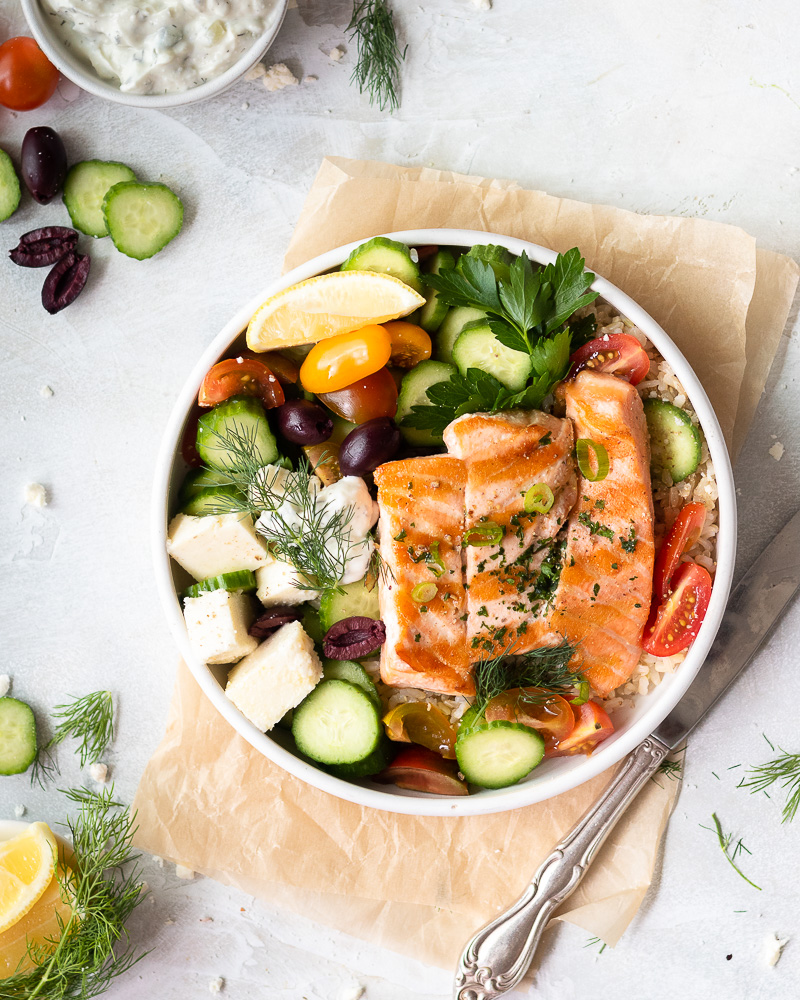 Grilled Salmon Bowls with Tzatziki Sauce