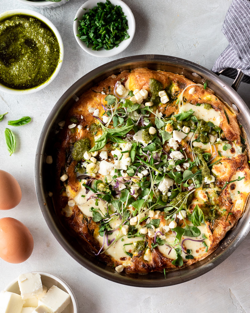 Summer Vegetable Frittata with Corn, Feta, and Pesto
