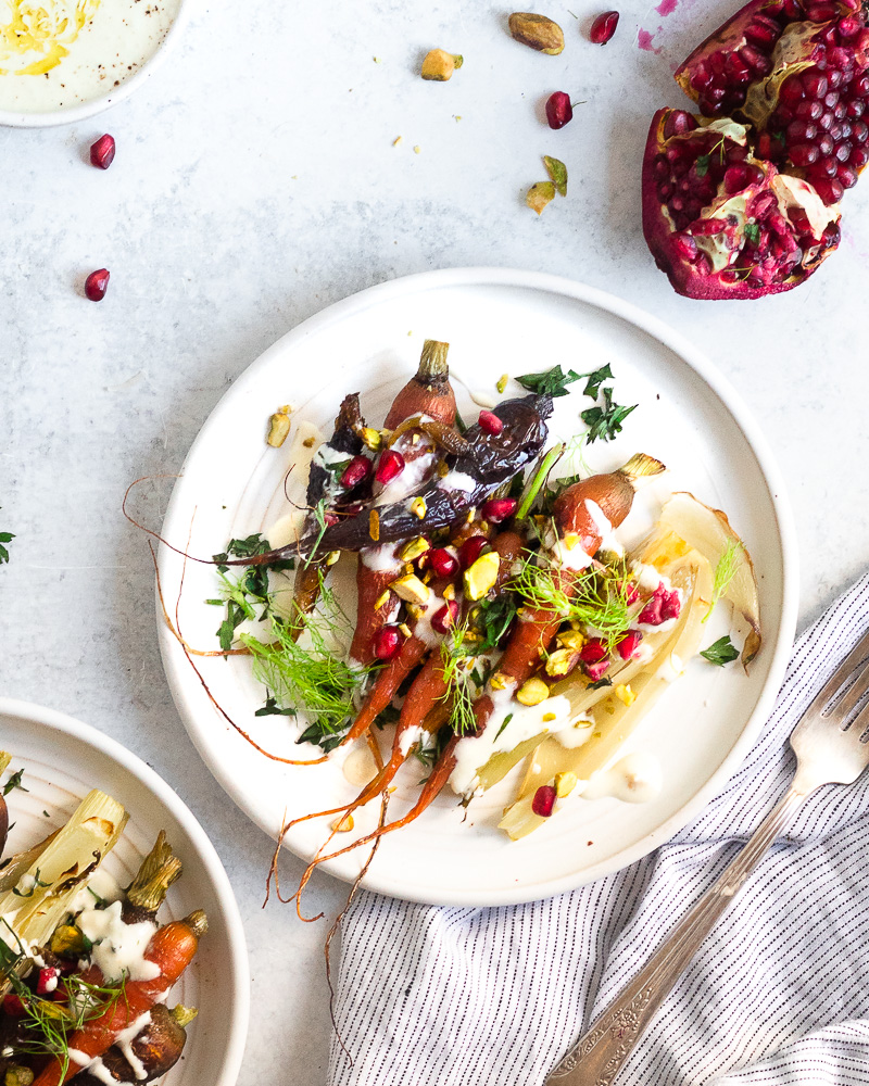 Roasted Carrot and Fennel Salad with Pistachios, Pomegranate & Whipped Feta Dressing